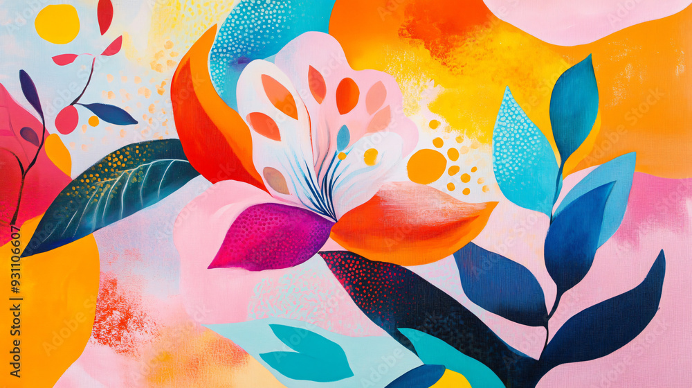 Poster vibrant abstract shapes with flowing curves and botanical elements in a playful arrangement on a sof