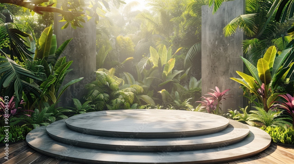 Poster a round podium with tropical garden background at the distance. generative ai.