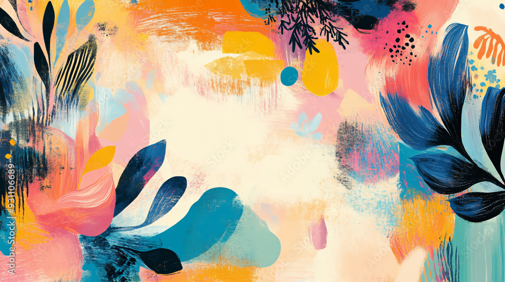 Poster vibrant abstract shapes with flowing curves and botanical elements in a playful arrangement on a sof