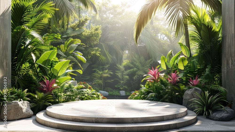 Poster a round podium with tropical garden background at the distance. generative ai.