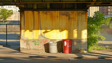 trash cans under a bridge