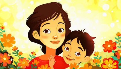 A Mother and Son Smiling with Flowers in the Background