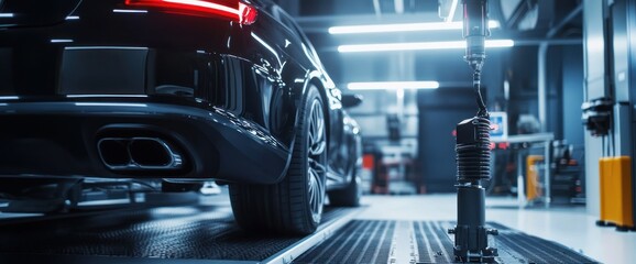 Black Luxury Car on a Testing Platform in a Modern Garage