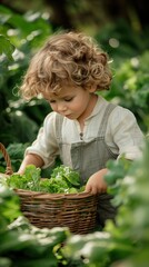 Fototapeta premium Curious Child Exploring Nature in the Garden with Basket of Greens