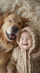 Joyful Embrace Between Baby and Furry Companion on Cozy Blanket