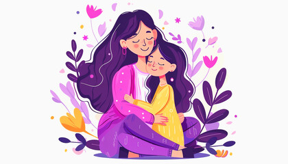 A Mother and Daughter Embrace Surrounded by Floral Motifs