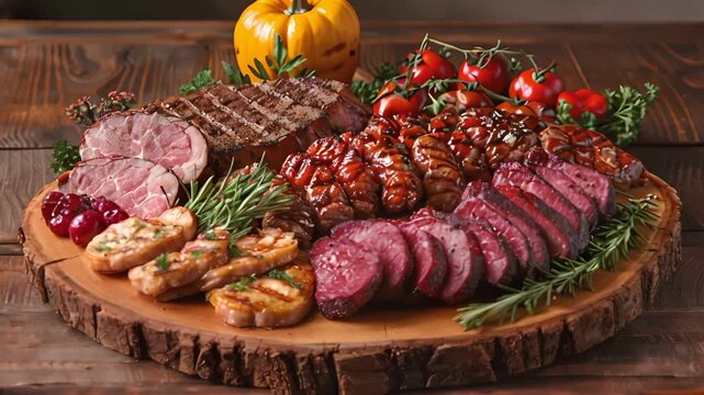 Succulent roast beef garnished with fresh rosemary, served with cherry tomatoes, onions, and garlic