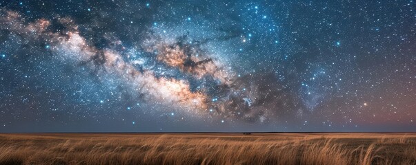 The Milky Way over a vast prairie, with tall grasses swaying gently under the starry sky, astrophotography, Milky Way, prairie night