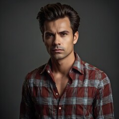 Obraz premium casual man in a red and black checkered shirt, relaxed pose in a neutral studio setup, effortless everyday fashion for lifestyle and fashion concepts