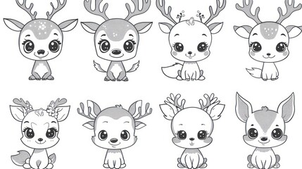 Eight adorable cartoon deer with large eyes.