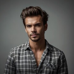 Obraz premium Portrait of smiling man in green checked shirt isolated on gray studio background posing to the camera, Portrait of a relaxed young man with checkered shirt, Portrait of handsome man with beard