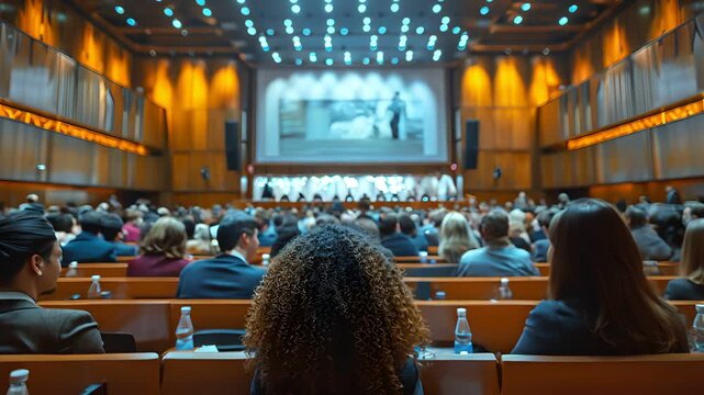 Large audience seated in a modern conference hall