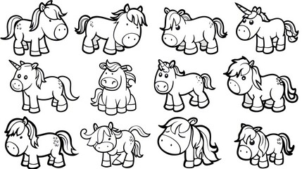 Obraz premium Cute unicorn illustrations in black and white for coloring.
