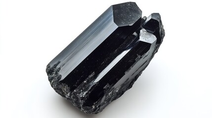 A centered black tourmaline crystal on a white background, highlighting its striated texture and deep black color.