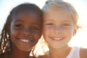 A group of children are playing happily in the sun. Children of different skin colors and nationalities are suitable for education and peace, showing strong tolerance.