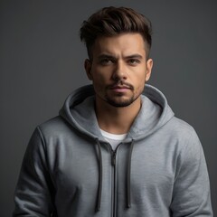 Obraz premium young man in a light gray hoodie, casual and modern style, neutral studio background perfect for lifestyle and activewear content
