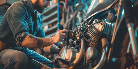 A man working on motorcycle in a garage performing maintenance and repair on engine parts.
