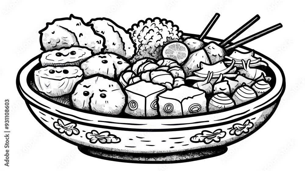 Sticker Black and white cartoon illustration of a bowl of food.