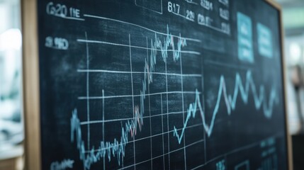 Mathematical equations and investment charts scribbled on a chalkboard, representing finance, planning, and calculation concepts in a creative and educational setting.