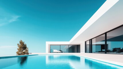 Ultra-modern white house with sharp lines and a sparkling pool in the foreground. The bright blue sky contrasts with the clean architectural elements, creating a luxurious feel.