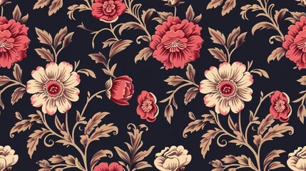 A floral pattern with red flowers and leaves.