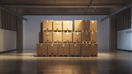 Stacked cardboard boxes neatly arranged on a wooden pallet in a minimalist warehouse space. The lighting emphasizes clean lines, with a warm, industrial atmosphere.