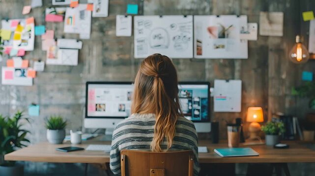woman working at a creative desk with multiple screens and inspirational mood boards in cozy office space.