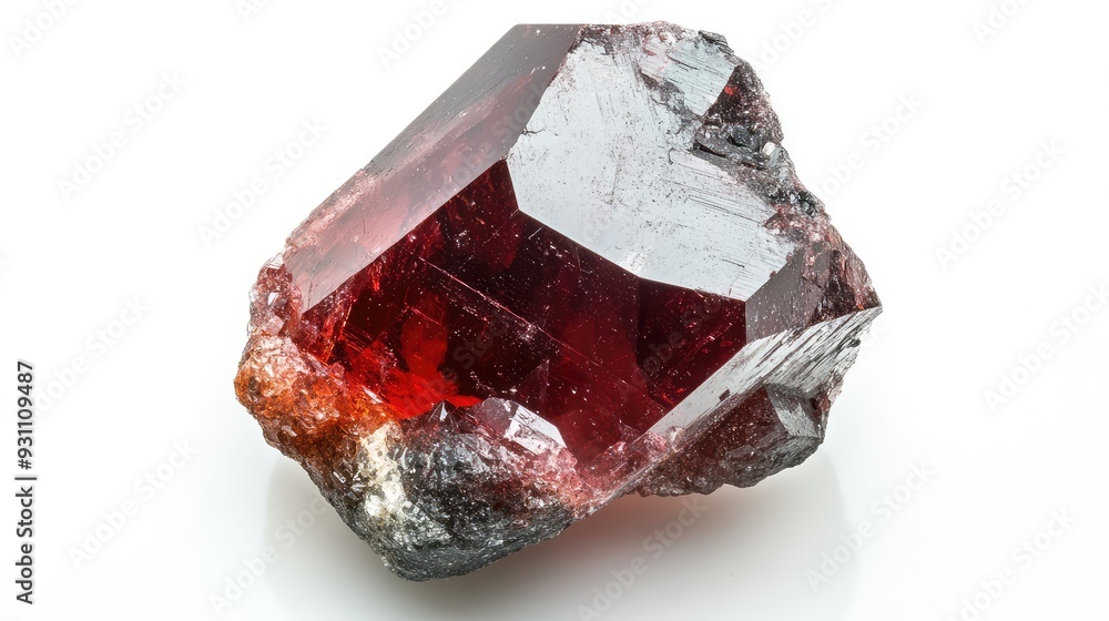 Poster a centered garnet crystal on a white background, highlighting its deep red color and faceted structu