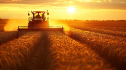 Fototapeta premium A wheat harvester cutting through a golden field at sunset, dust kicking up behind it. The vast sky creates an expansive backdrop of serenity and productivity.