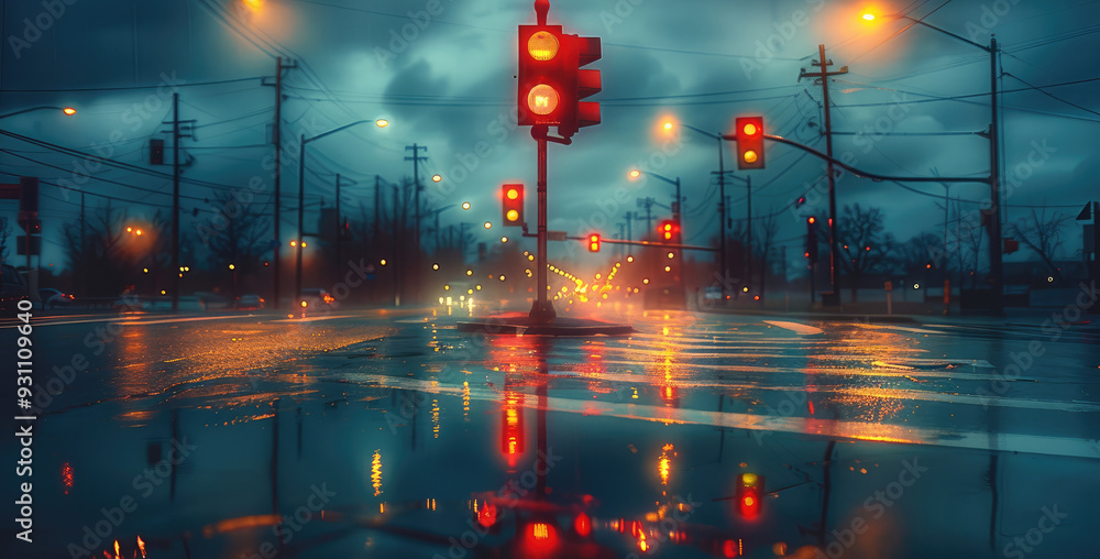 Aufkleber a traffic light at a busy intersection on a gloomy evening. the sky is overcast with dark clouds, an
