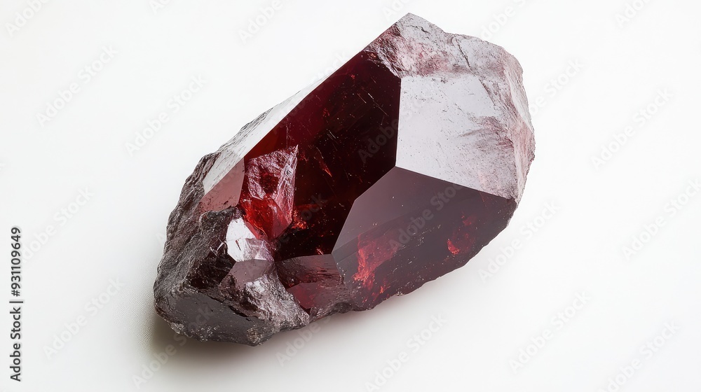 Poster a centered garnet crystal on a white background, highlighting its deep red color and faceted structu