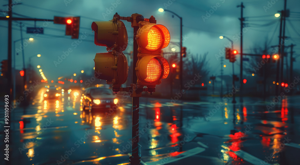 Poster a traffic light at a busy intersection on a gloomy evening. the sky is overcast with dark clouds, an