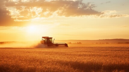 Fototapeta premium A wheat harvester cutting through a golden field at sunset, dust kicking up behind it. The vast sky creates an expansive backdrop of serenity and productivity.
