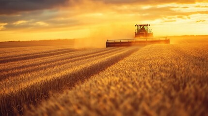 Fototapeta premium A wheat harvester cutting through a golden field at sunset, dust kicking up behind it. The vast sky creates an expansive backdrop of serenity and productivity.