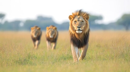 Three majestic lions walk through tall grass in the African savanna.