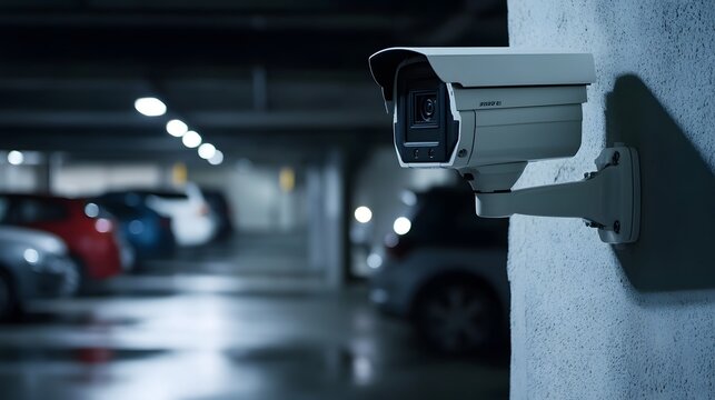 Outdoor white security camera mounted on a wall overseeing parked cars in a parking garage, captured from behind, emphasizing surveillance and protection in a secure parking environment