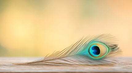 Close up of a vibrant peacock feather against a light blue background