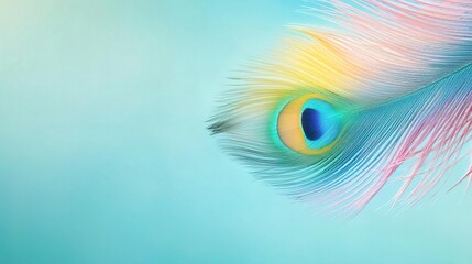 Close up of a vibrant peacock feather against a light blue background