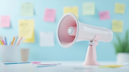 A detailed 3D model of a megaphone set in a creative workspace, surrounded by brainstorming elements like sticky notes and sketches for a marketing campaign