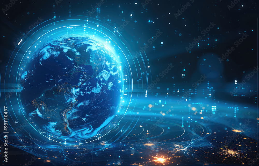 Poster abstract digital technology background with a blue glowing sphere, planet earth, and hologram elemen