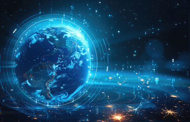 Obraz premium Abstract digital technology background with a blue glowing sphere, planet Earth, and hologram elements on a dark blue background. Digital futuristic concept for a business presentation design.