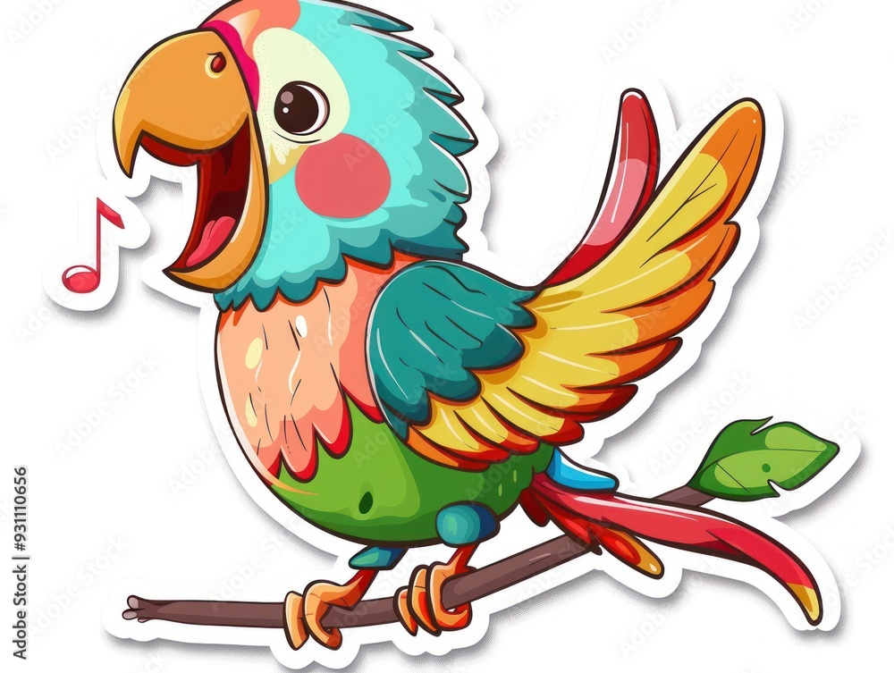 Canvas Prints Colorful cartoon parrot singing on a branch.