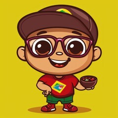 Smiling cartoon boy with glasses and a bowl of food.