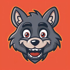 Cartoon wolf head with a big smile and red eyes.