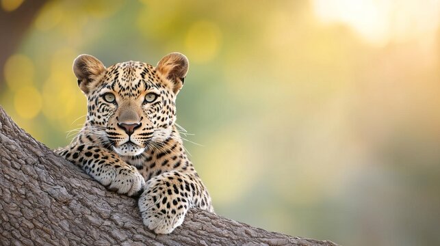Cute leopard cub sleeping peacefully on a tree branch.