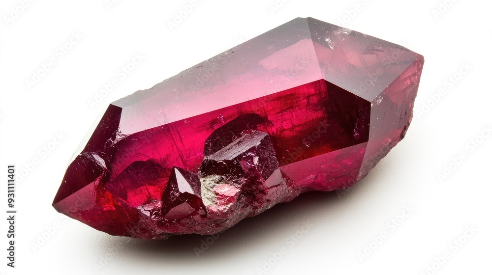 Poster a centered ruby crystal on a white background, showcasing its rich red color and polished surface.