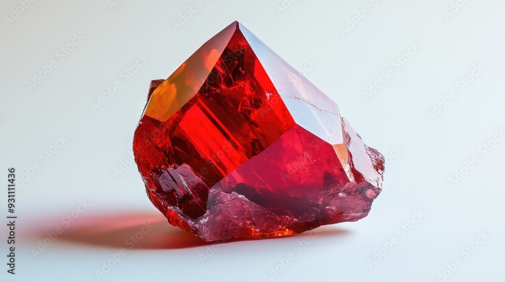 Poster a centered ruby crystal on a white background, showcasing its rich red color and polished surface.