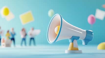 A creative 3D scene of a megaphone integrated into a brainstorming session, depicting diverse team members collaborating on campaign strategies and messaging
