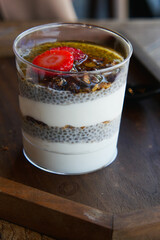 Nutritious Chia Seed Pudding with Granola and Strawberries is a healthy breakfast or dessert