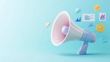 Yellow megaphone with charts and graphs on pink background.